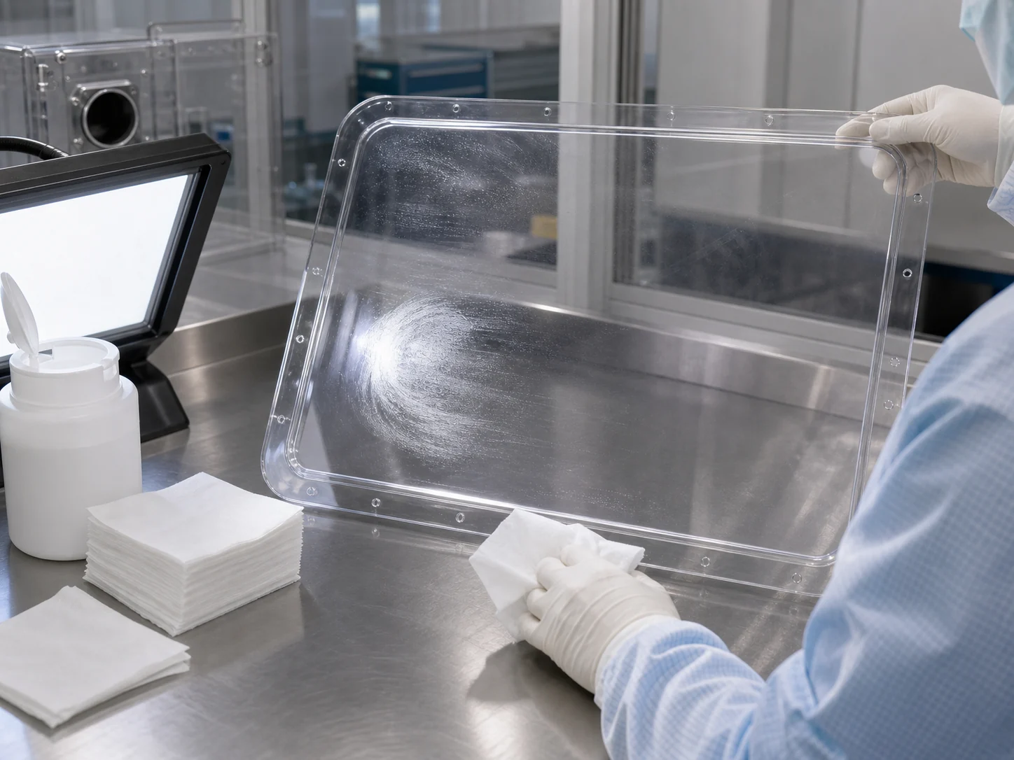Cleanroom maintenance station preparing recoating for a large transparent antistatic PC panel