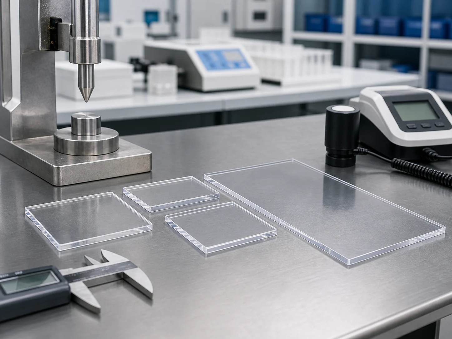 Transparent antistatic ABS PMMA and PC sheet samples compared in a materials laboratory