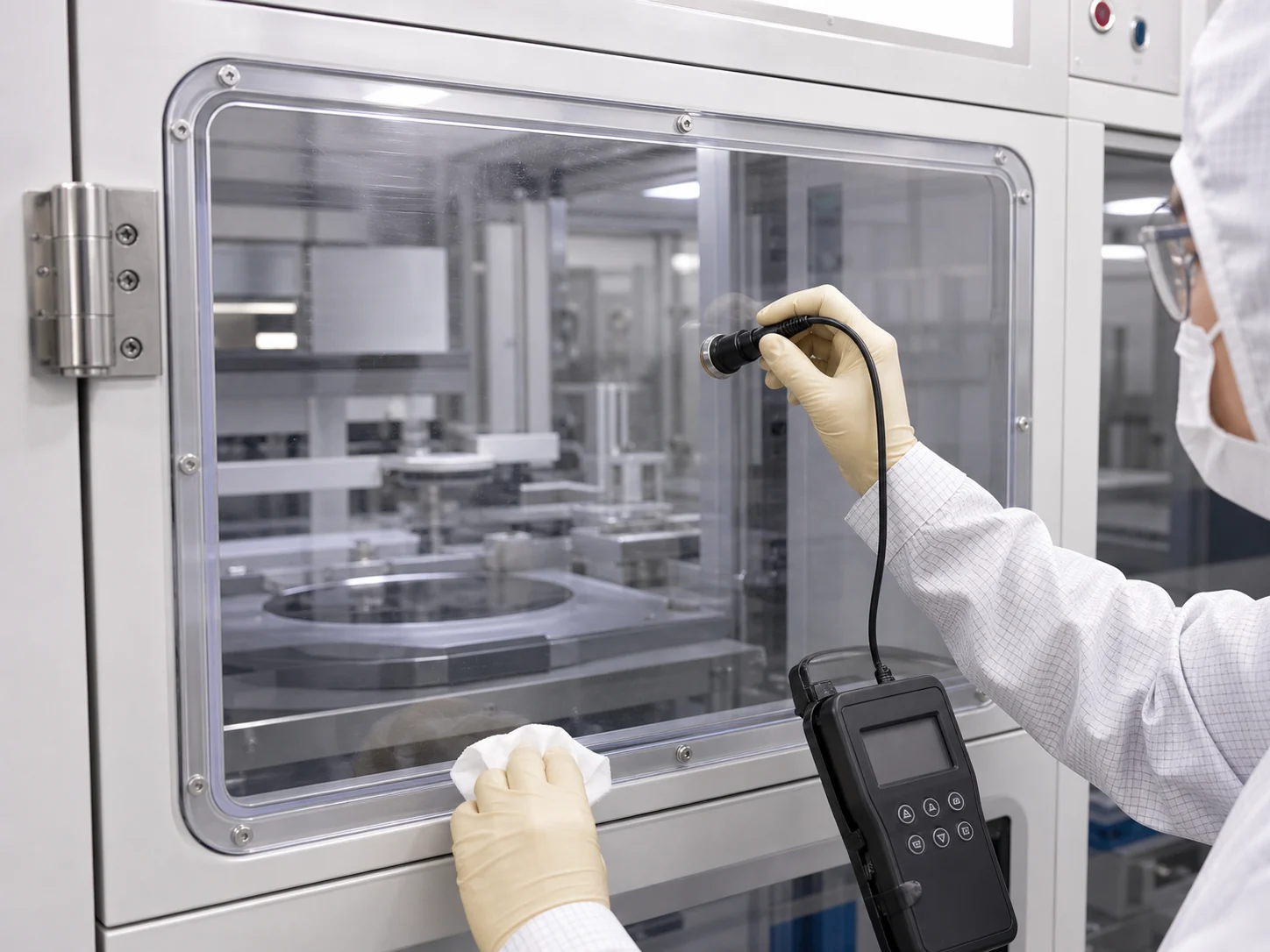 Large transparent coated PC observation window tested for surface resistance on semiconductor equipment
