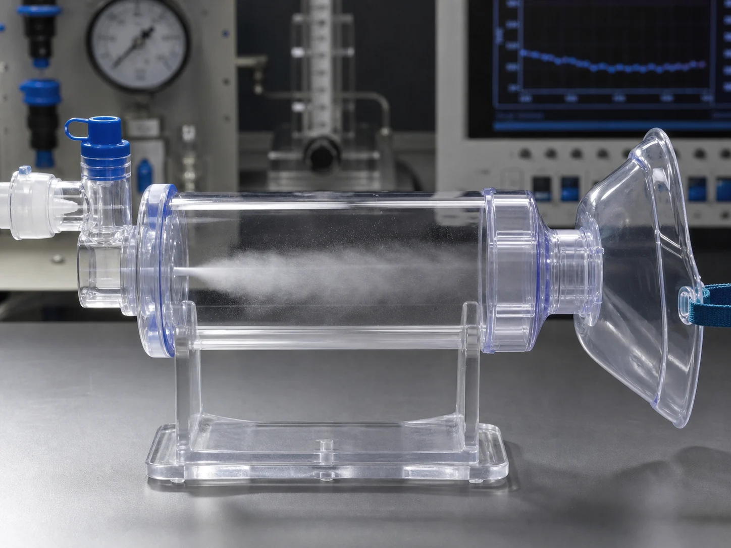 Aerosol medication flow test inside a transparent antistatic nebulizer spacer chamber