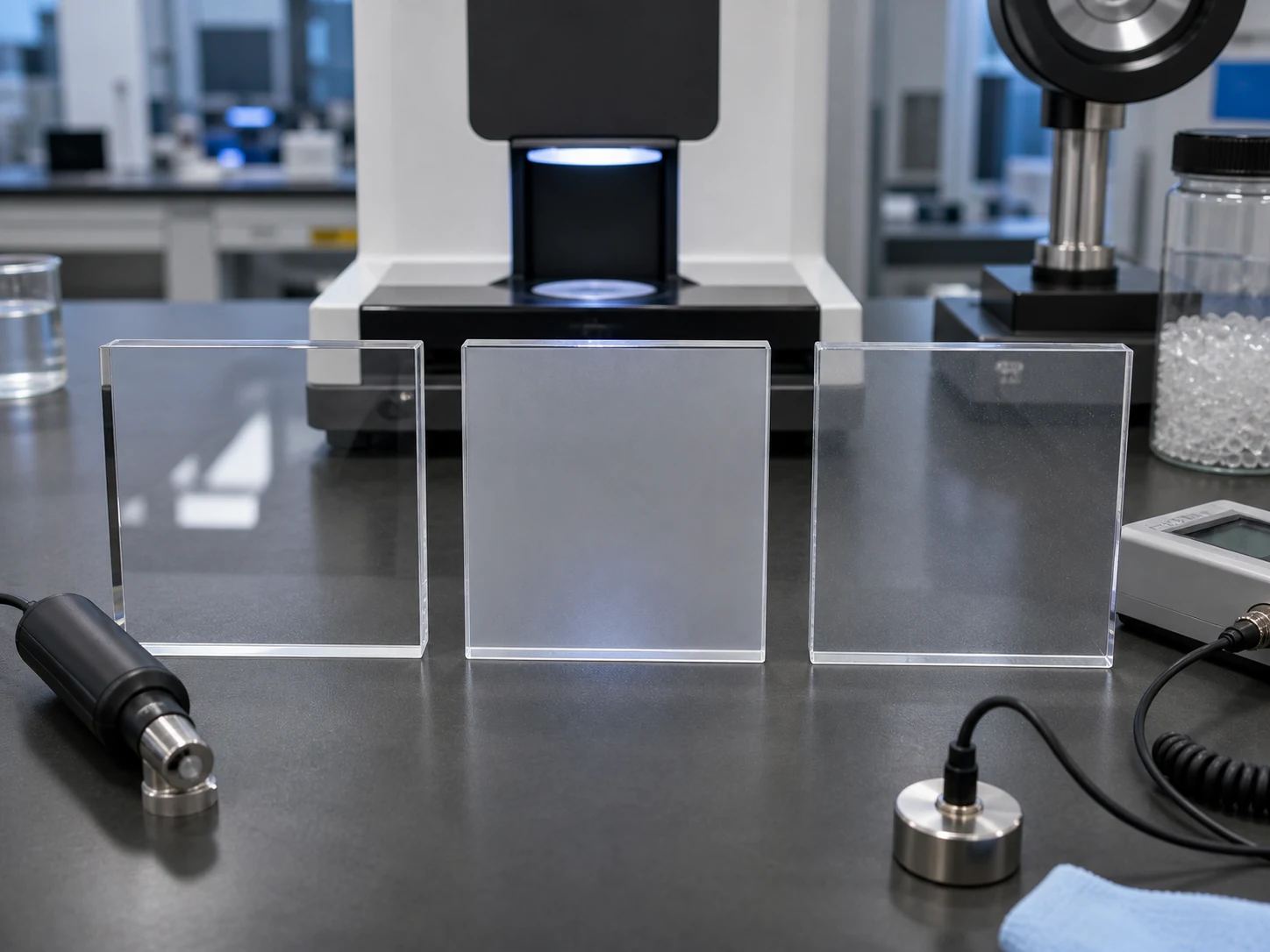 Transparent ABS sample plaques inspected for clarity haze and antistatic additive compatibility