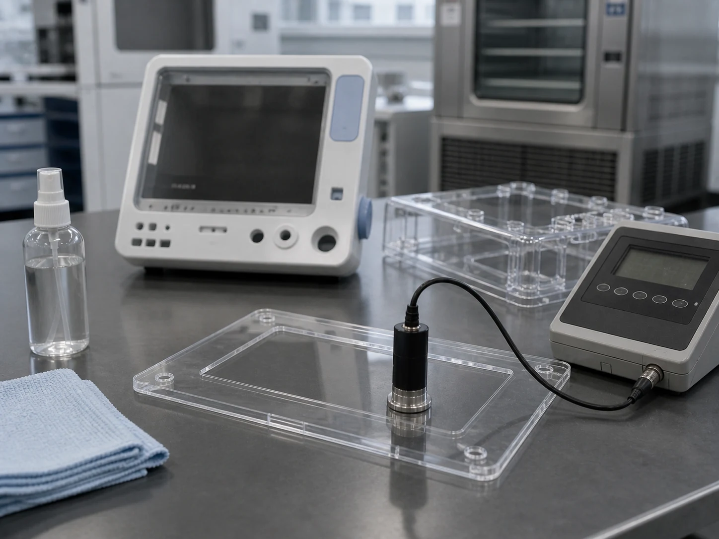 Medical monitor transparent antistatic ABS panel after alcohol wiping and resistance validation