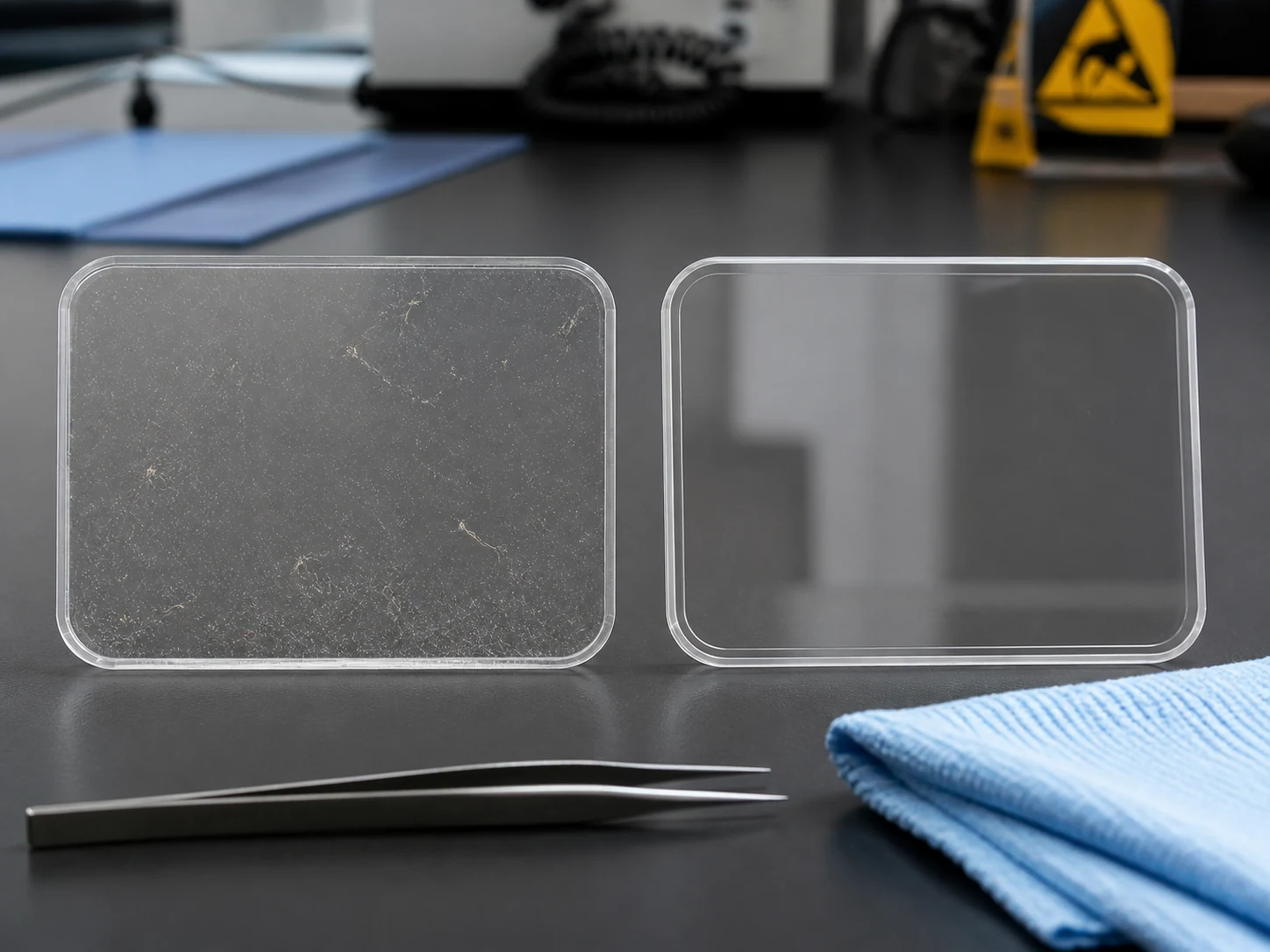 Side-by-side comparison of dusty ordinary clear plastic and cleaner transparent antistatic plastic