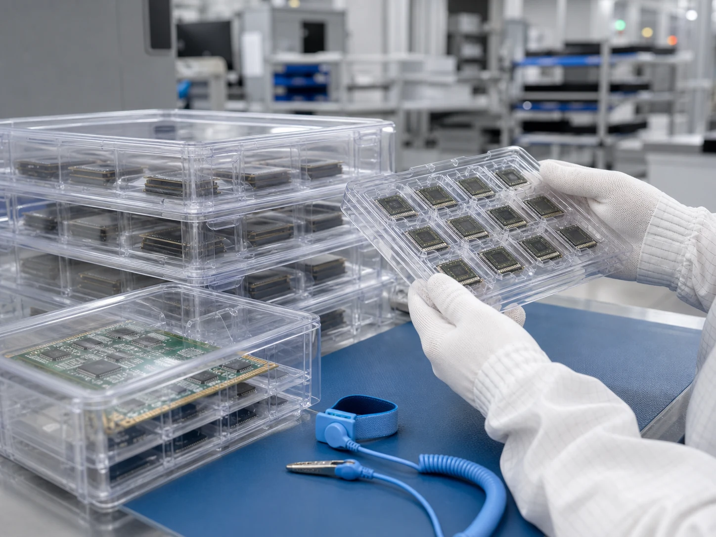 Transparent antistatic trays protecting chips and circuit boards in an electronics cleanroom