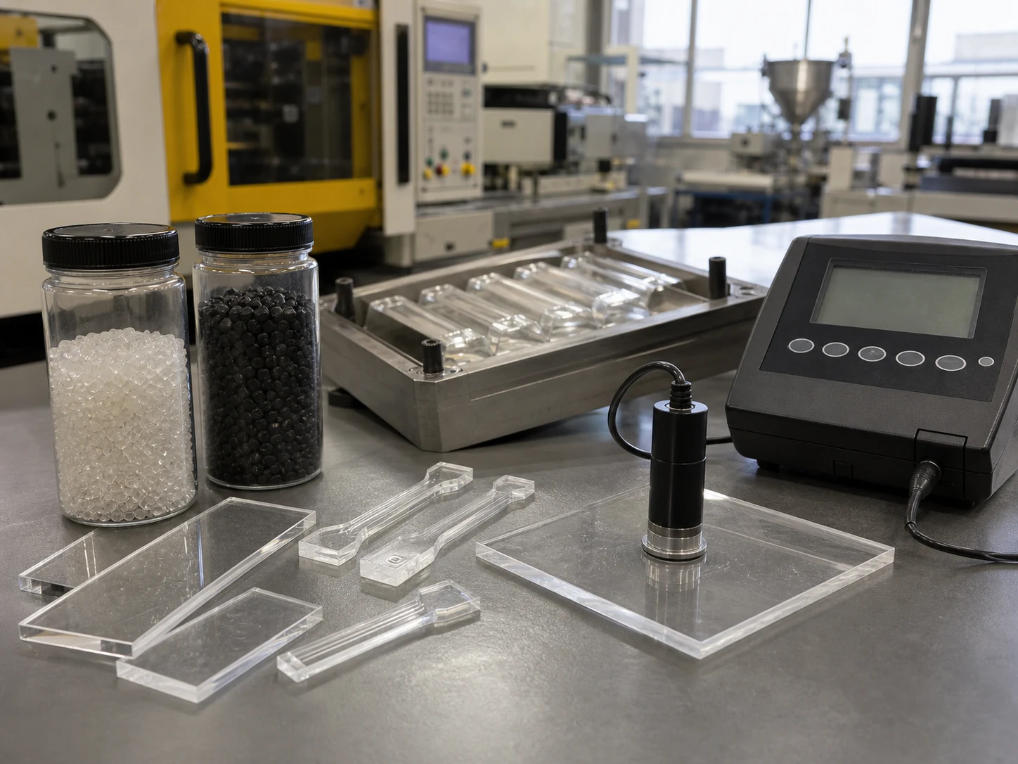 Transparent antistatic ABS and PMMA samples tested with a surface resistance meter near injection molding equipment