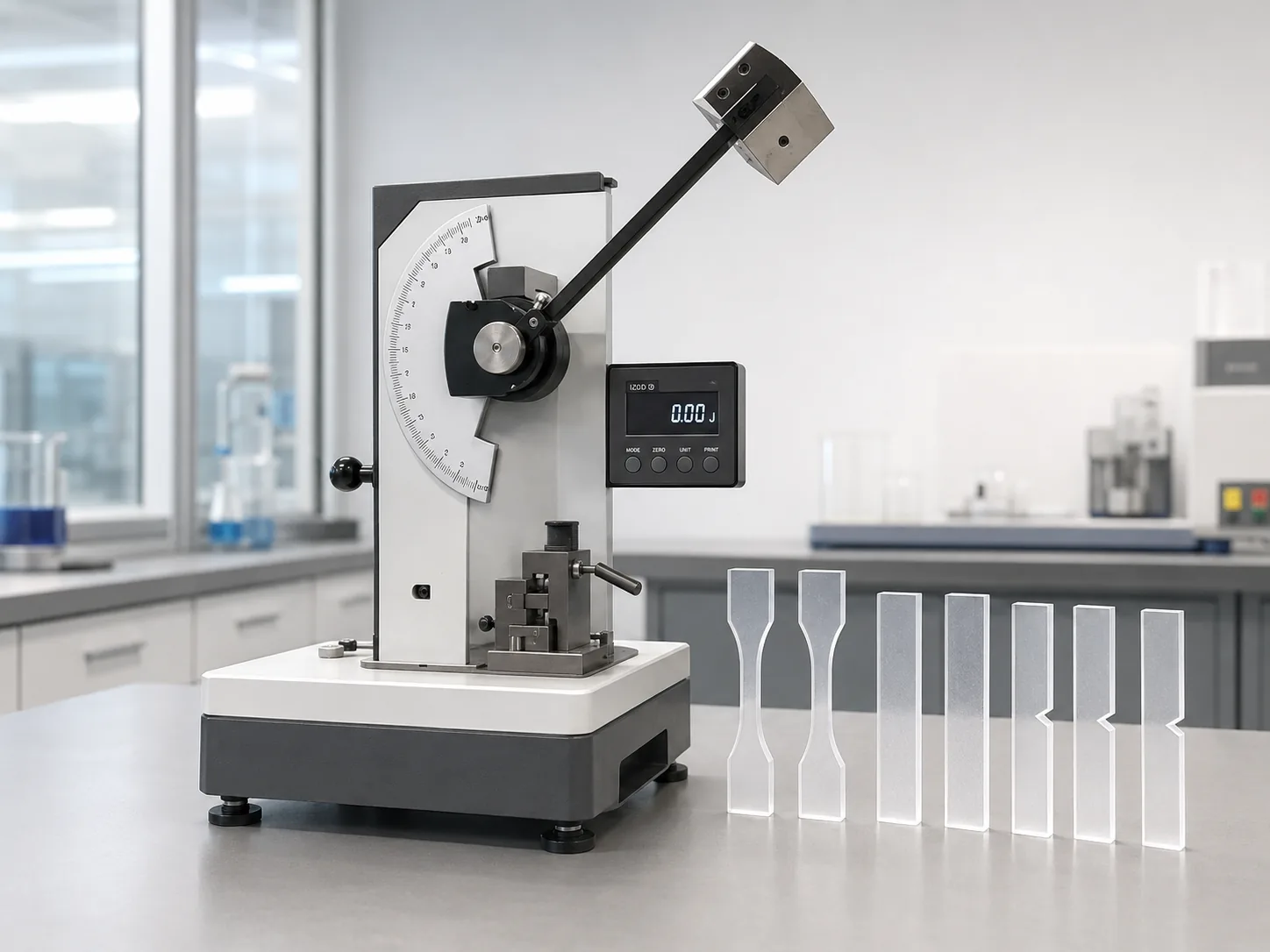 Izod impact tester and transparent material samples for impact requirement evaluation