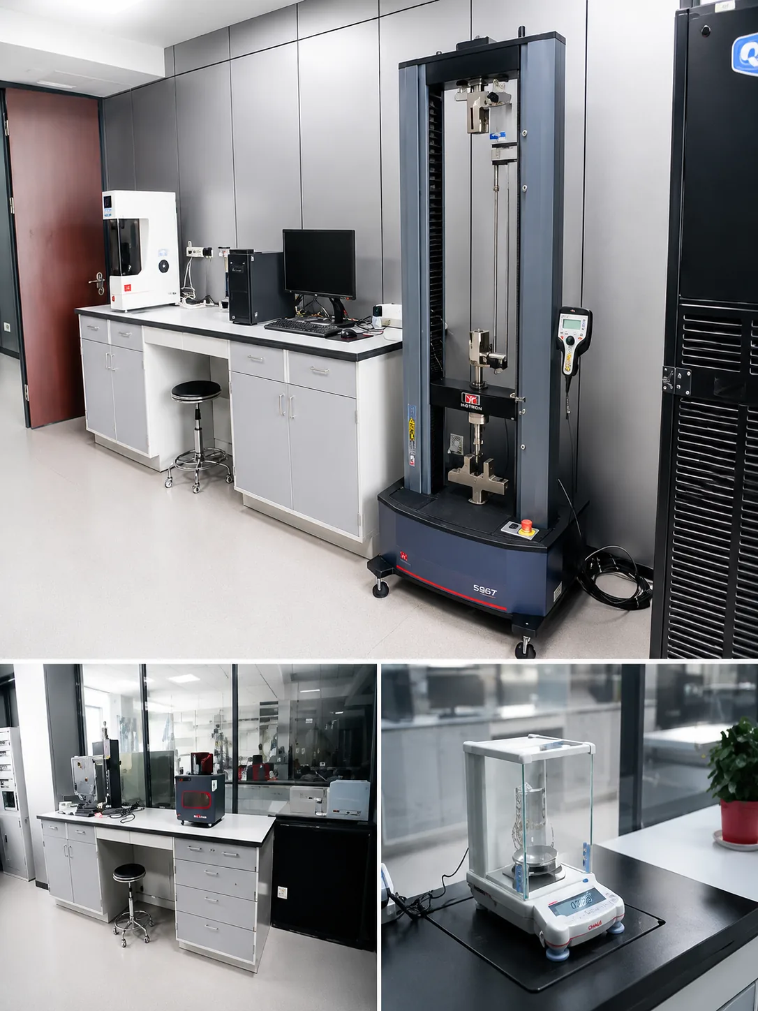 Material testing laboratory with tensile testing machine and validation equipment