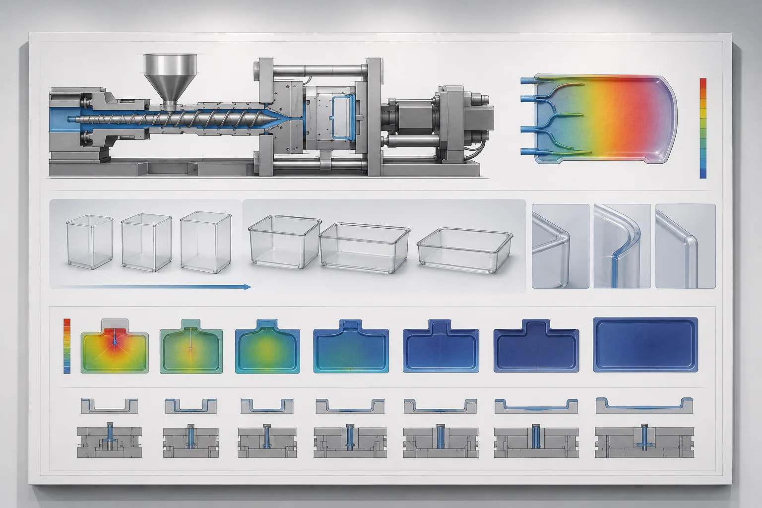 Injection flow analysis and transparent parts of different sizes and thicknesses for flowability evaluation