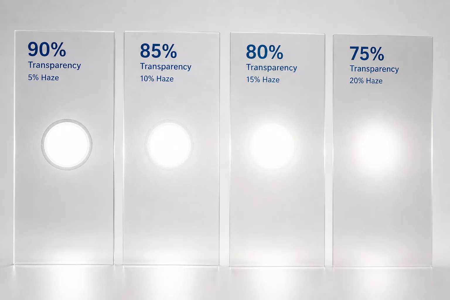 Transparent material samples with different clarity and haze levels