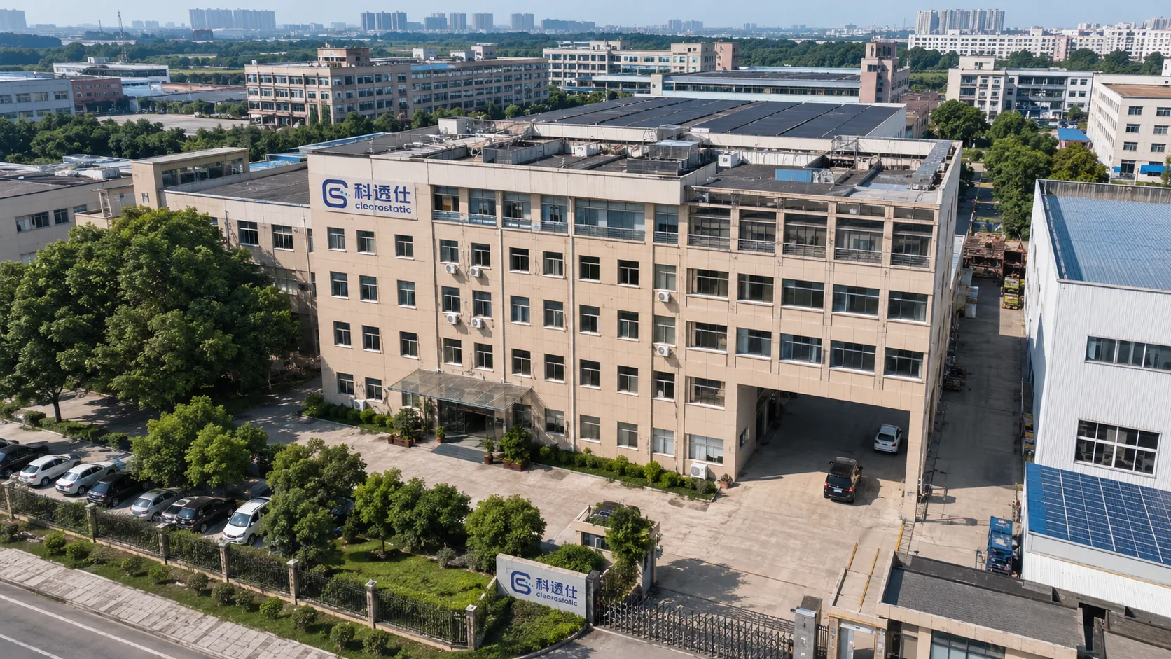 Clearastatic factory campus and office production buildings